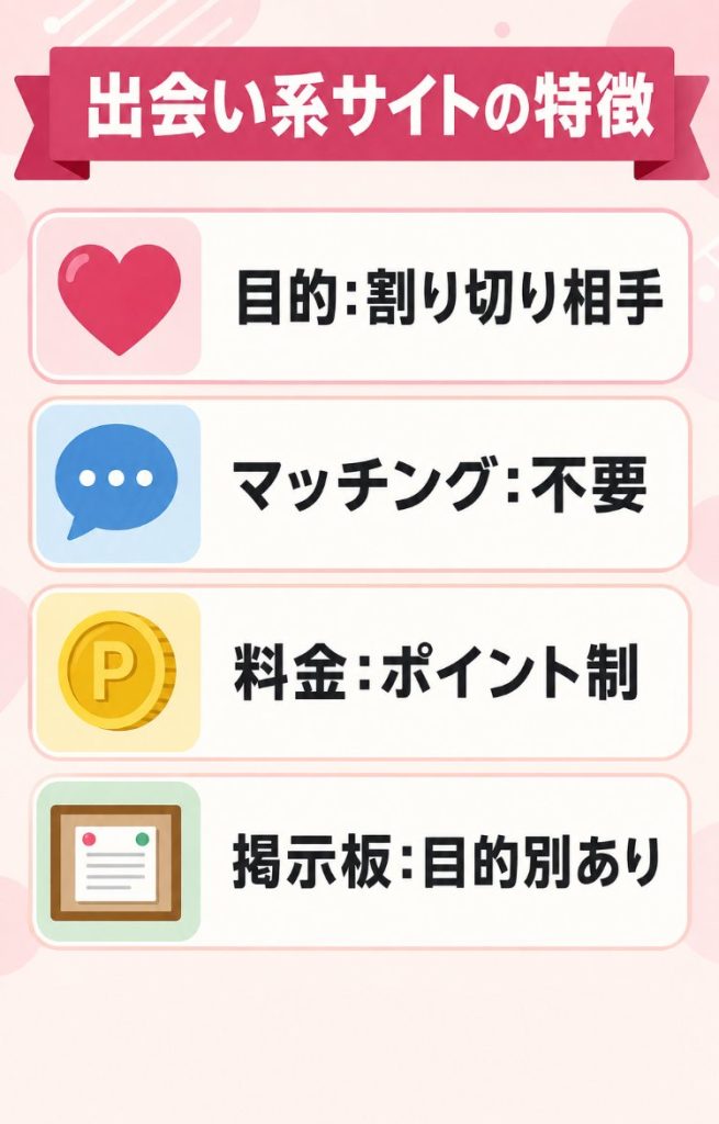 出会い系サイトとマッチングアプリの違いを目的・マッチングの要否・料金体系・掲示板機能の4軸で比較したインフォグラフィック