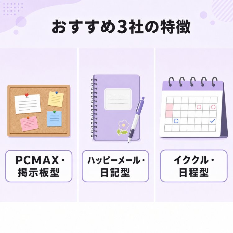 PCMAX・ハッピーメール・イククルの特徴を比較したインフォグラフィック